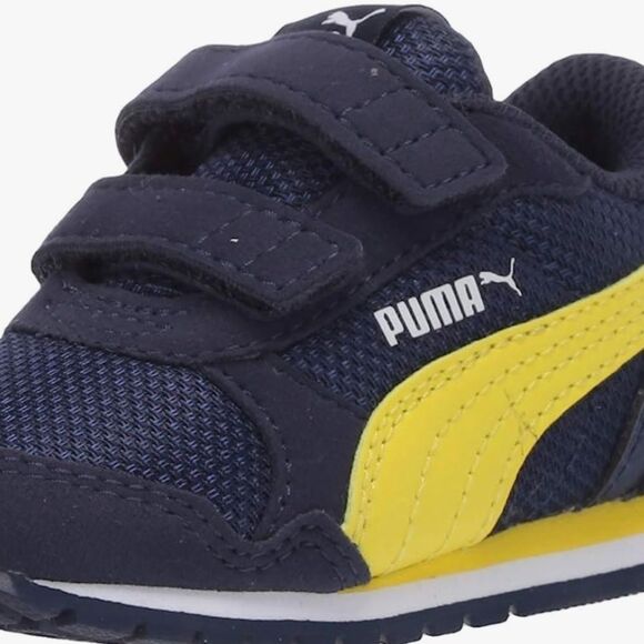 Puma Baby Street Runner V2 Mesh Hook and Loop Navy and Yellow Stripe Sneakers 4 - Picture 3 of 11